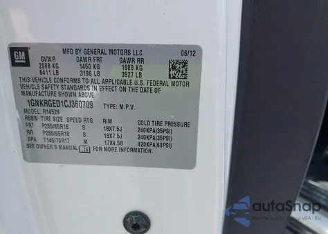 2012 Chevrolet Traverse 1Lt from USA, damaged, VIN 1GNKRGED1CJ360709